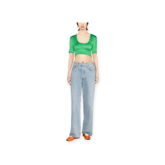 GANNI Green Smocked Cropped Top XS Square Neck Short Sleeve Sustainable Fabric - Picture 3 of 16